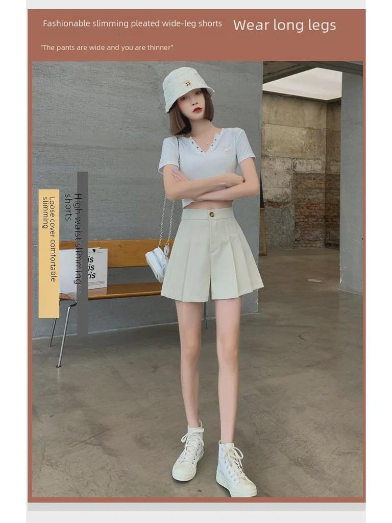 Women's Summer Wide-Leg A-Line Pleated Shorts, 2023: Slim, Loose Fit, Elastic Waist, Large Size Casual Pants