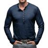 Men's Deep Blue Henley Neck Long Sleeve Casual Shirt with Stretch Comfort Fit