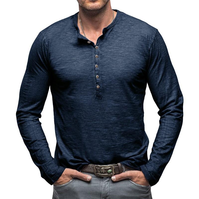 Men's Deep Blue Henley Neck Long Sleeve Casual Shirt with Stretch Comfort Fit