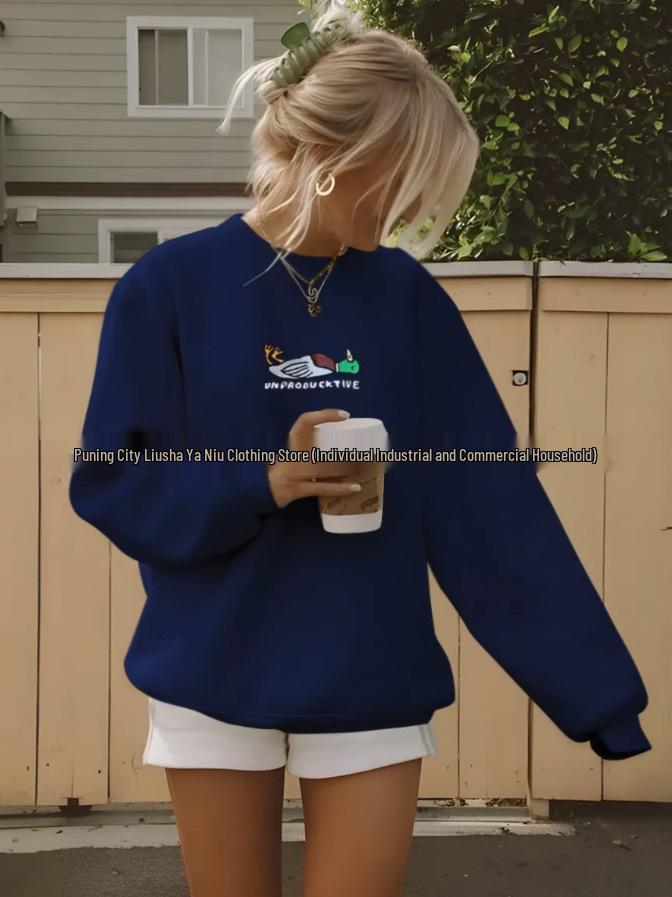 American Fashion Round Neck Sweatshirt: Cute Cartoon Duck Print, Loose Fit, Comfortable for Autumn & Winter.