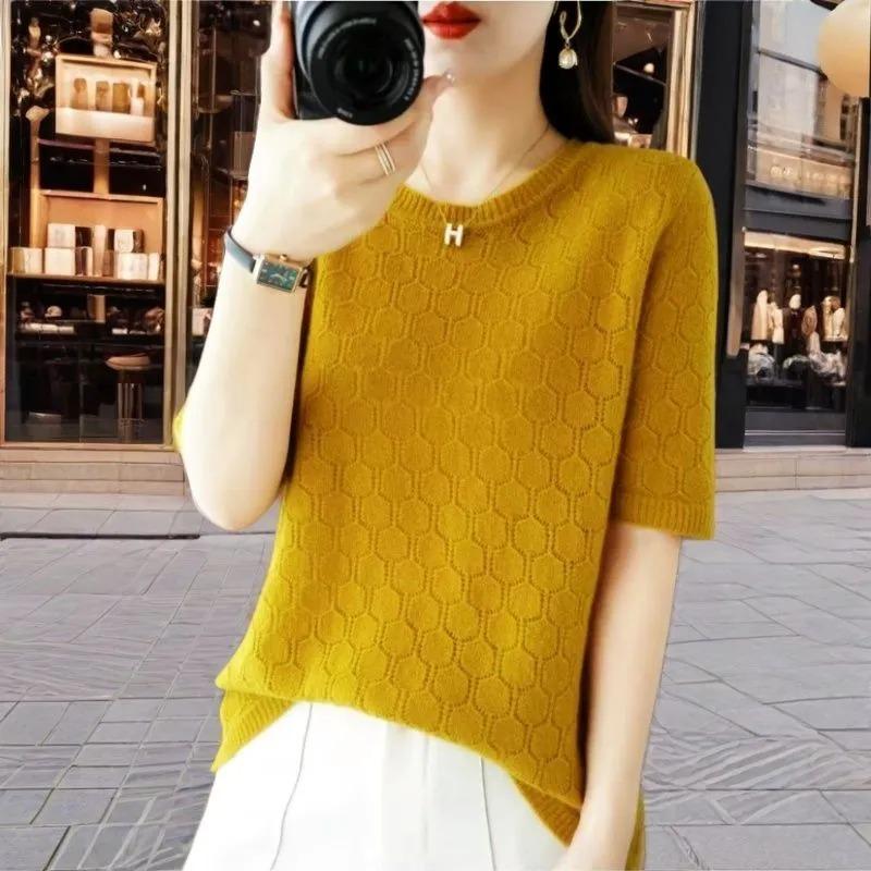 Purple Crew Neck Honeycomb Knit Short Sleeve Sweater for Women