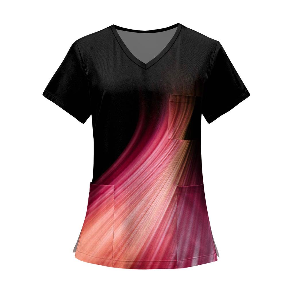 Women's Fashion Printed Short Sleeve V Neck Pattern Tops Pocket Working T-shirts