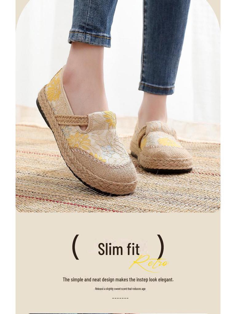 Damskie etniczne lniane buty codzienne - lekkie, antypoślizgowe, oddychające, z miękką podeszwą na wiosnę i jesień