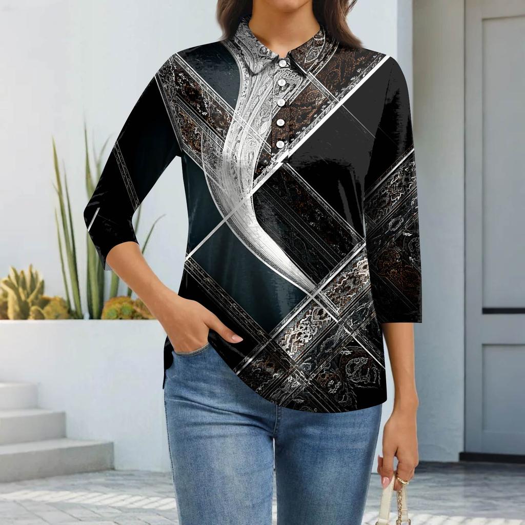 Women's Fashion Casual Lapel Short 3/4 Sleeve Print Shirt Women's Button Up Tops
