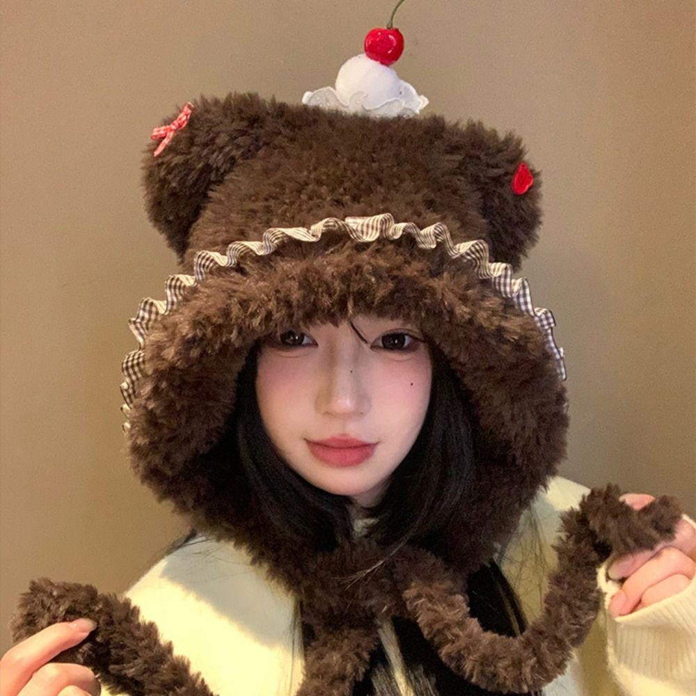 Warm Thick Plush Knitted Hat Cherry Bow Pullover Hat Cute Beanies Hat Winter Outdoor