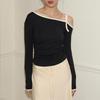 European and American women's autumn diagonal collar bow tie off shoulder solid color top