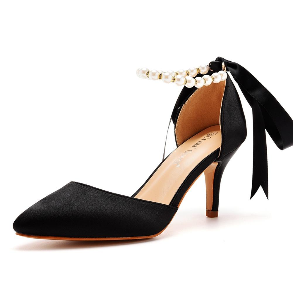 7cm Mid-heel Sandals Thin Heel Rhinestone Beaded Sandals Imitation Silk Wedding Banquet Dress Shoes Pointed Sandals Women