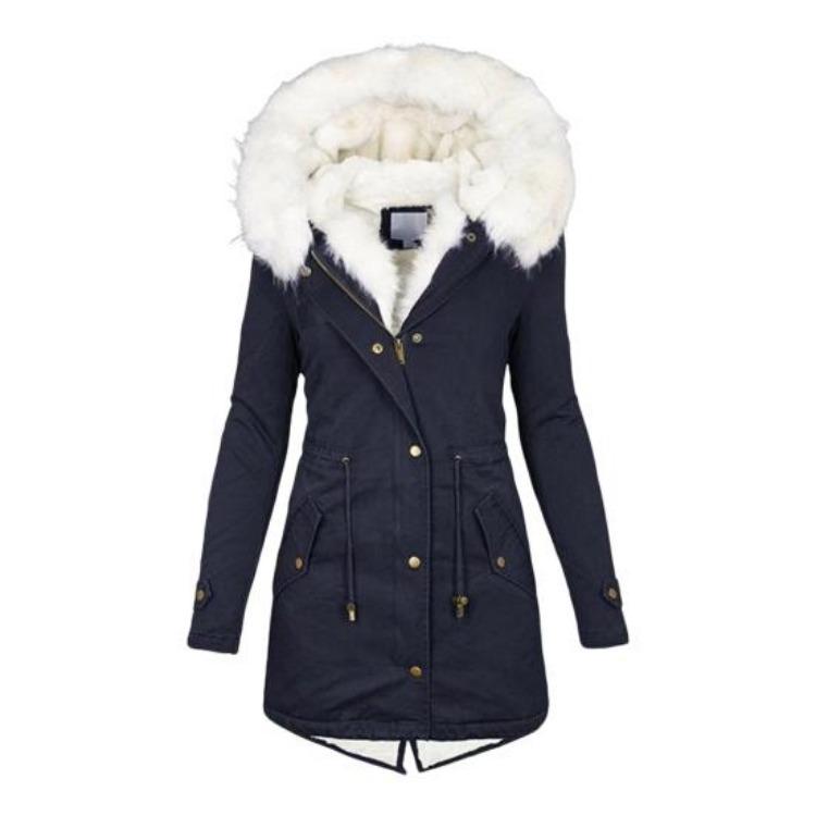 Winter Women Windproof Jacket Mid Length Slim Fit Cotton Coat Plus Size Faux Fur Hood Fleece Lined Zip Up Press Button Closure Outerwear