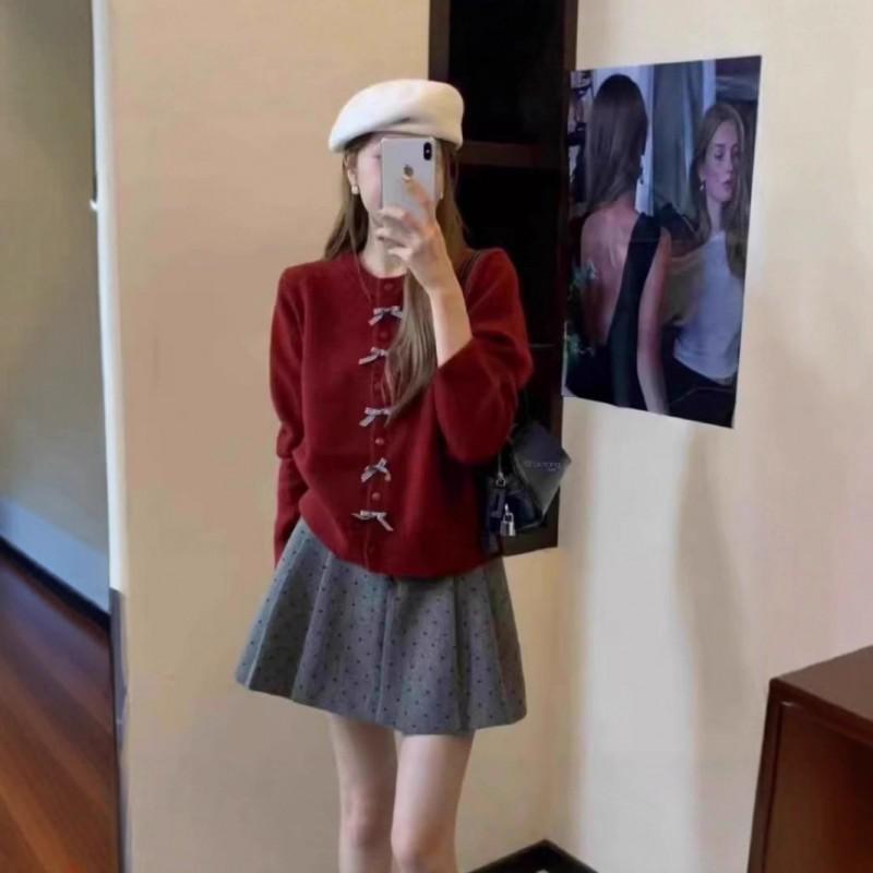 Korean Style Bow Button Knit Cardigan Women Soft Long Sleeve Round Neck Fall Sweater