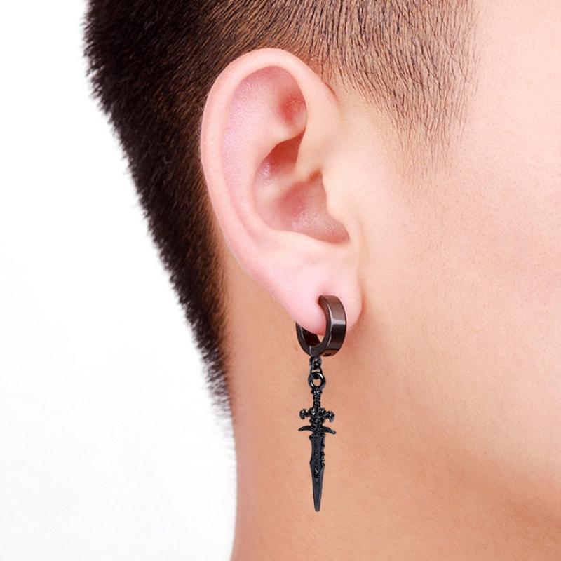 1 PC Men's Open Cuff Copper Color Black Sword Pendants Clip Earrings for Male Non-Piercing Ear Clips Fake Cartilage Earrings