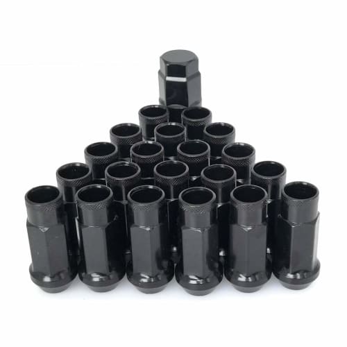 Steel Wheel Nuts, M12 x P1.5, M12 x P1.25, 48mm Deep, Through-Type, 20 Sets (2 Replacement Screws), 22 Total, 50BV30 Forged Lock Nuts/Racing Nuts (Bla