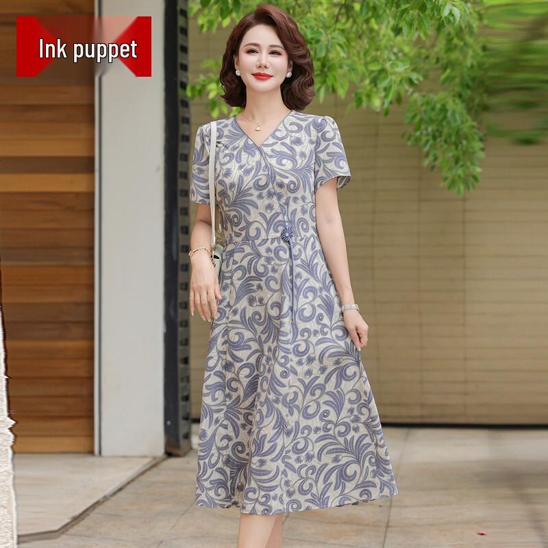 

Elegant Floral Mid-Length Summer Dress for Middle-Aged Women 3XL
