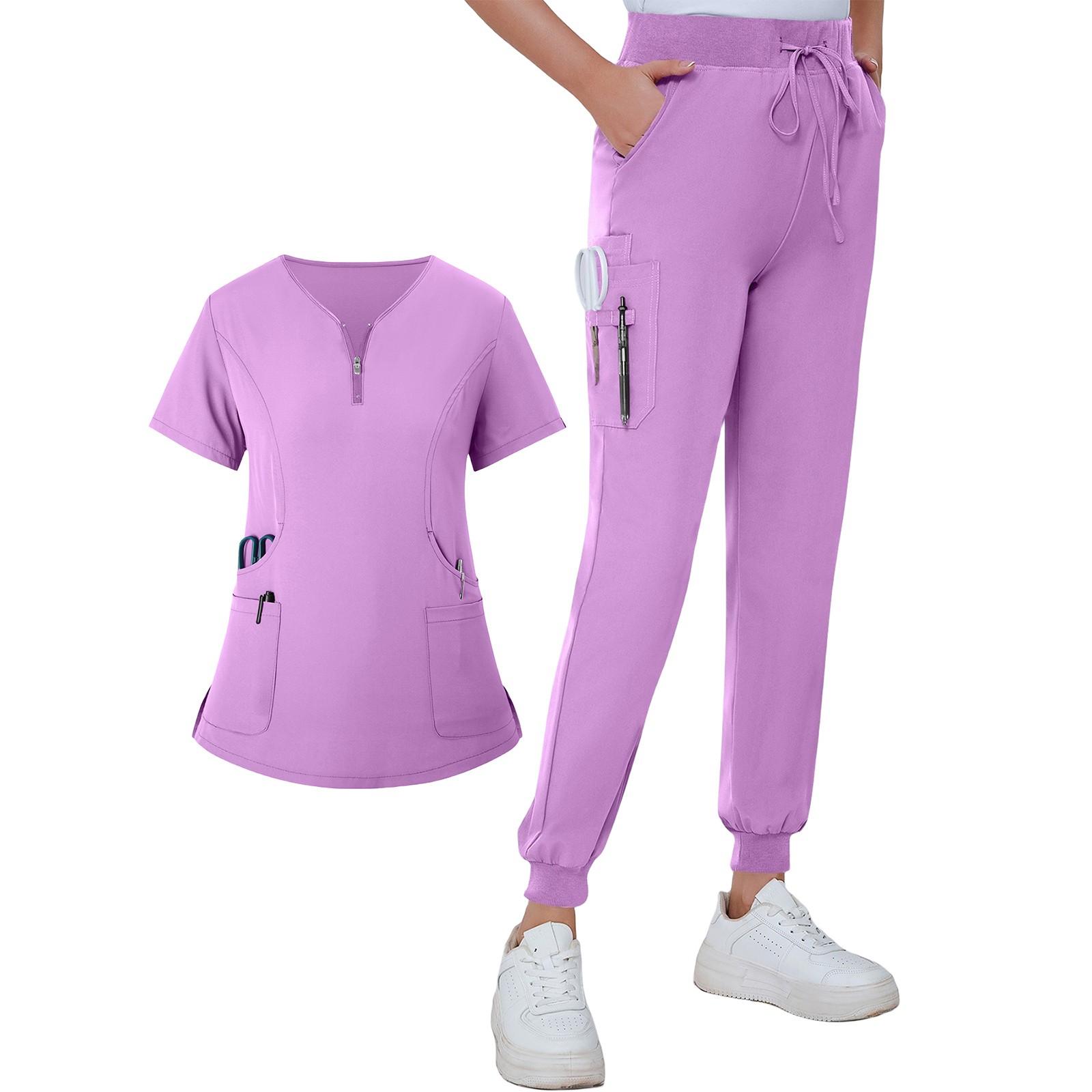 Женская летняя свободная униформа с V-образным вырезом на молнии с карманами и короткими — фото 15