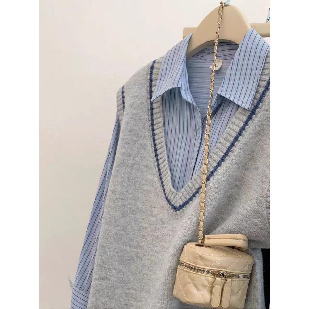 Dimanaf 2025 Women Plus Size Sweaters Vest Autumn Solid V-Neck Sweaters Knitting Loose Grey Sweater