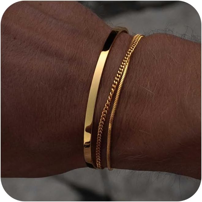 Waterproof Bracelet Set for Men-Stainless Steel Silver/14k Gold Plated Stack Snake Cuban Link Chain Cuff Bracelet Jewelry Gift