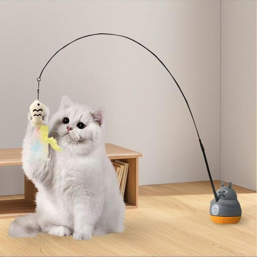 360° Rotatable Interactive Toy, Automatic Wand Toy with Peel-and-Stick Base, Moving Feather, Fish and Bell, Detachable Teaser