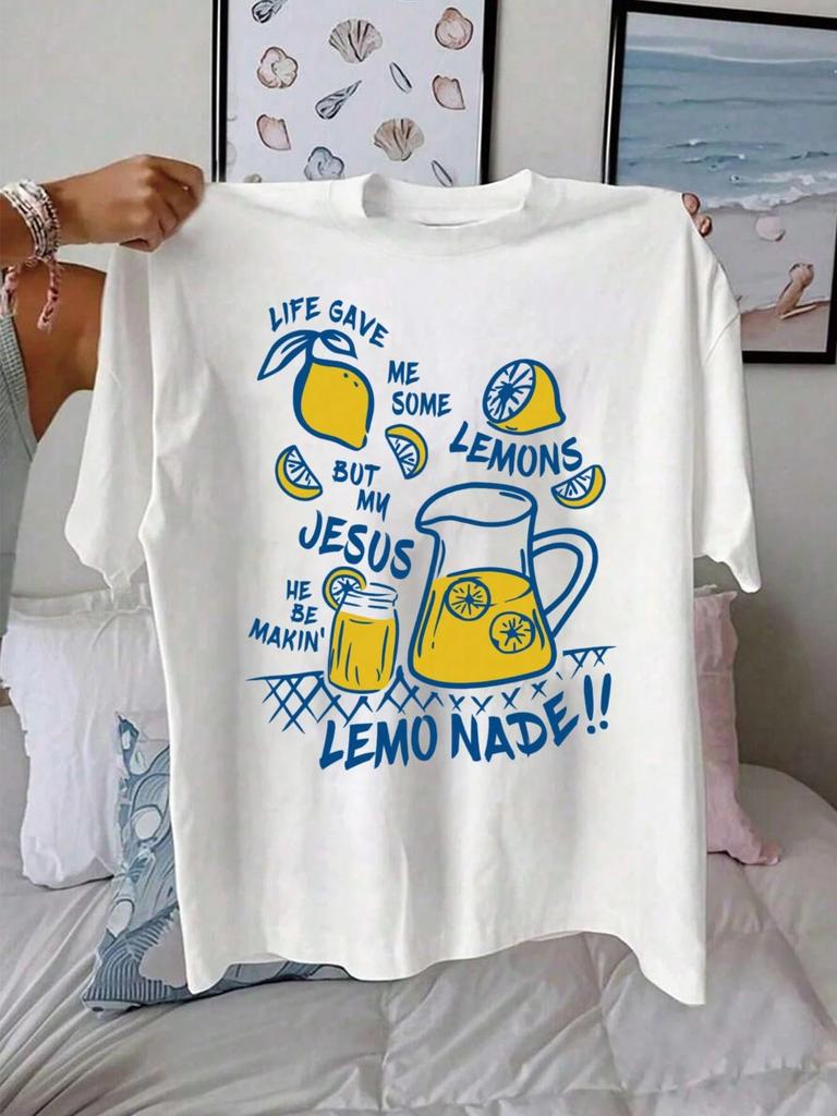 Womens ONeck Cotton T Shirts Lemonade Prints TShirts Jesus Short Sleeves Tops Life Gives Me Some Lemons Summer Casual Clothes