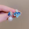Blaue Emaille Farbe Imitationsperlen Blumen Asymmetrische Glasur Blatt Hängeohrringe für Frauen Hochzeitsparty Schmuck Accessoire