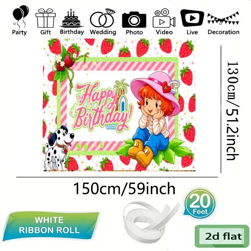 2D Cute Strawberry Girl Backdrop, Cartoon Dog & Strawberry "Happy Birthday" Photography Background for Kids