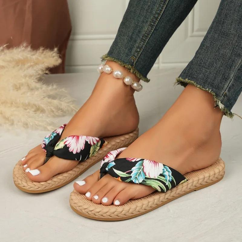 Fashion Women's Slippers Flat Sole Toe Clip Canvas Anti-slip Women's Shoes Leisure Beach Roman Wear-resistant Summer Zapatillas De Mujer