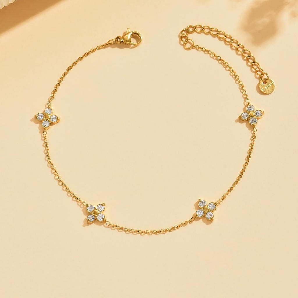 NONAMOIS 18K Gold Plated Ankle Bracelets for Women Waterproof | Stainless Steel Gold CZ Cross Layered Bow Link Chain Anklets Non Tarnish Summer Beach