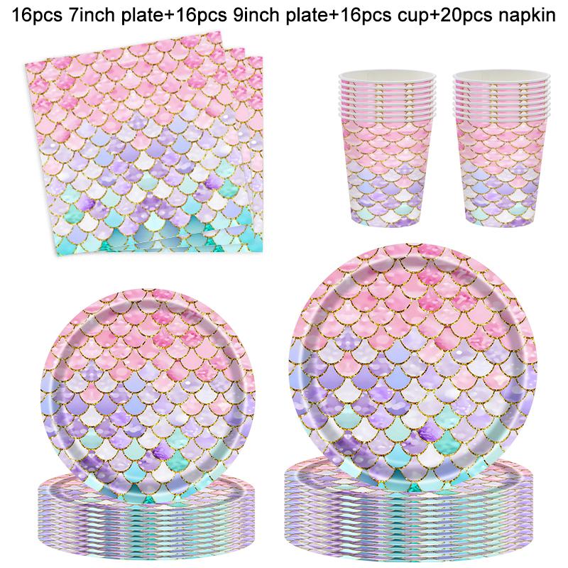 Meerjungfrau Einweggeschirr Set Pappteller Tasse Serviette Tischdecke Kinder Mädchen Kleine Meerjungfrau Geburtstagsparty Dekoration Lieferungen