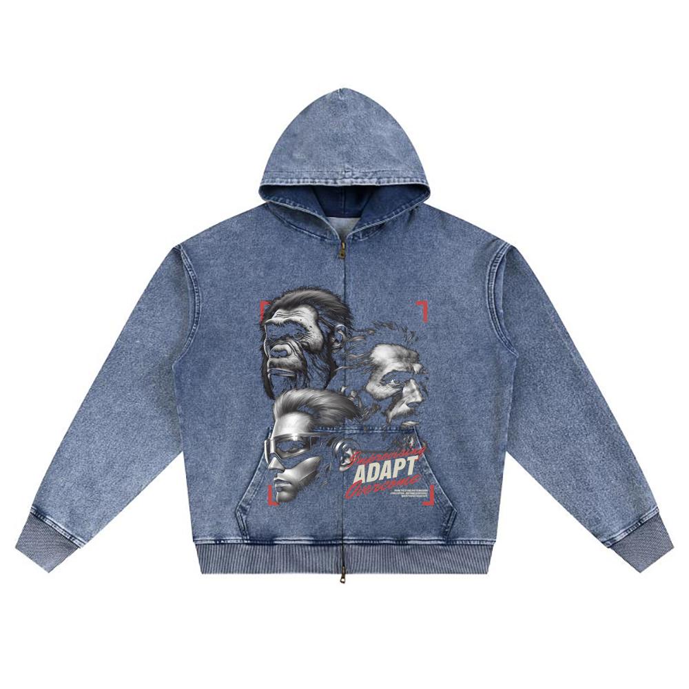DTG print Knitted Denim Zip-Up Hoodie Evolution Brother Print Zipper Hoodies  