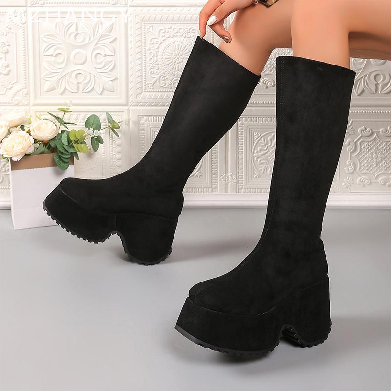 Модная платформа Женские замшевые высокие сапоги на высоком каблуке Сапоги до колена — фото 5