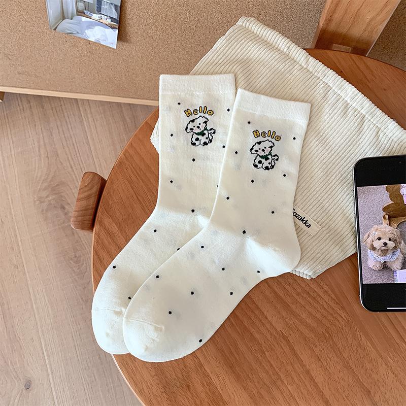 

Cute Dachshund School Style White Socks Cartoon Cute Puppy Cotton Boneless Mid-calf Socks 1 pair