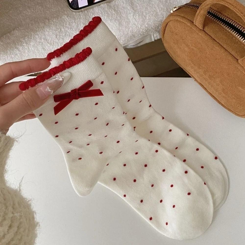 Red Color Sweet Girl Socks Double Layer Mid Tube Socks Festive Boneless Socks Holiday