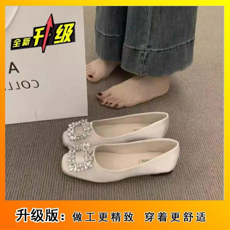 Rhinestone high heels versatile commuter flats women's shoes French black square head temperament single shoes autumn and summer new models