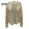 Women Tops Round Neck Long Sleeve Pullover Tops Shiny Sequins Decoration Regular Fit Blouse Daily Wear