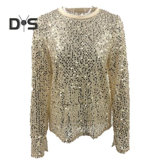 Women Tops Round Neck Long Sleeve Pullover Tops Shiny Sequins Decoration Regular Fit Blouse Daily Wear