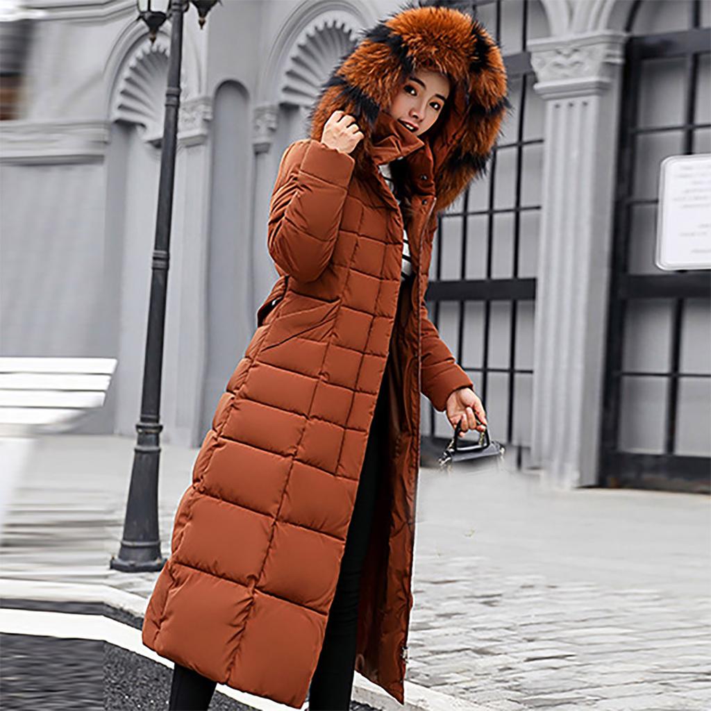 Women Fashion Long Sleeve Solid Color Hooded Long Down Cotton Jacket Coat