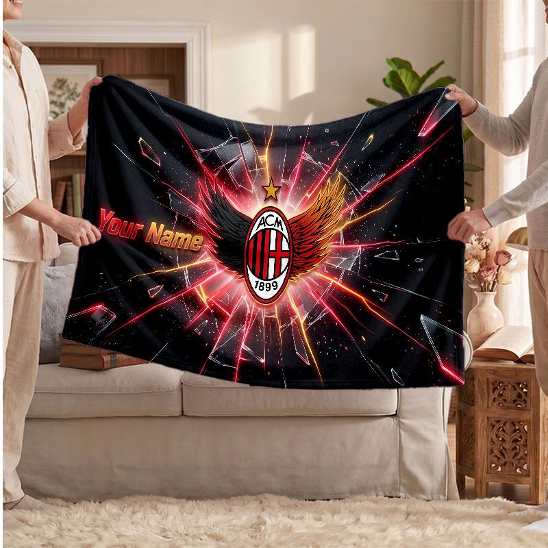 AC Milan Personalized Fleece Blanket With Football Logo, Custom Name Text Soft Warm Home Throw Blanket