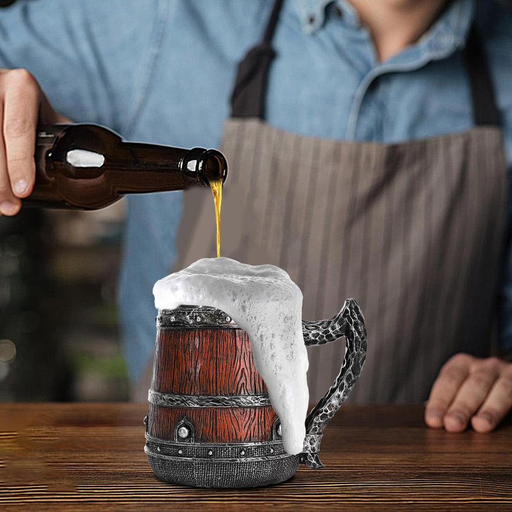Tavern Mug Double Wall Medieval Cup 550ml Simulated Wooden Barrel Stainless Steel Mug Handmade Bucket Shaped Drinkware Beer
