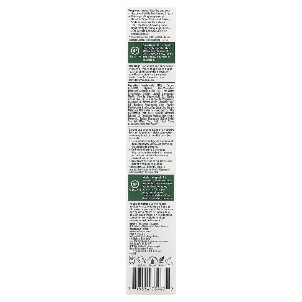Desert Essence Tea Tree Oil Whitening Plus Toothpaste, Peppermint, 6.25 Oz (176 G)