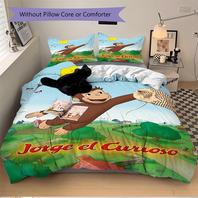 3pcs Curious George Flying Kite Home Bedding Set-Universal Three-Piece Suit for Bedroom, Guest Room, Living Room, Hotel-Perfect Gift for Fan