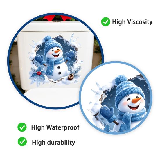 Holiday Glass Door Stickers Christmas Snowman Toilet Stickers, 3D Bathroom Wall Decals, Seat Decals Waterproof PVC Window Creative Decor Gift