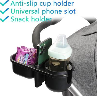 3-in-1 Kinderwagen-Getränkehalter mit Snack-Tablett und Handyhalter, rutschfester Universal-Getränke- und Handyhalter für Kinderwagen, Fahrrad, Rollstuhl, Gehhilfe, Roller