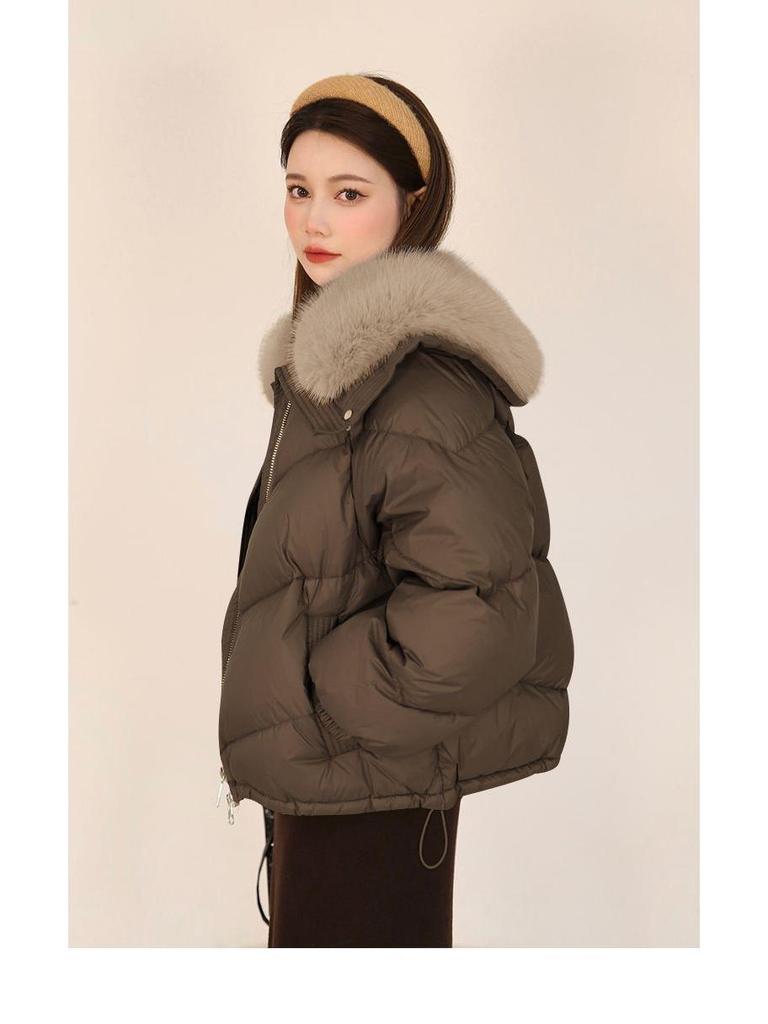 Damska Ciepła Khaki/Czarna Kurtka Bawełniana z Kołnierzem ze Sztucznego Futra - Zimowy Płaszcz Petite