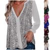 Dames Pailletten Tops V Hals Glinsterende Glitter Blouses Losse Lange Mouw Vakantie Avond Feest Glanzende Dressy Shirts
