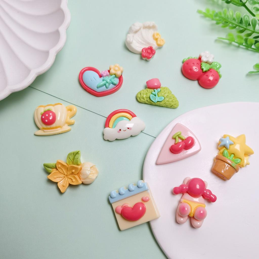 100Pcs Kawaii Rainbow Strawberry Flower Flatback Resin Cabochon Scrapbooking Accessories Children Hairpin Headwear DIY