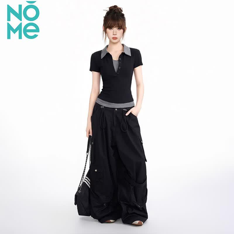 NOMe Women's Korean Style Faux Two-Piece Polo T-Shirt