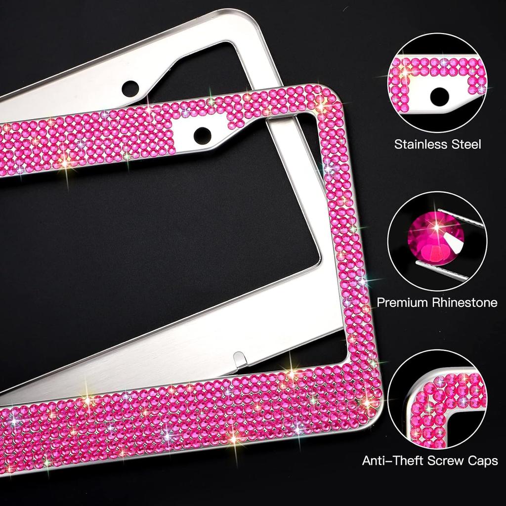Bling License Plate Frames for Women 2 Pack, Rhinestone Crystal License Plate Cover with Bolts Washer Caps Univerasl Bling Car Accessories for Girls