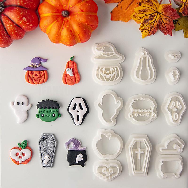 Halloween Series Cartoon Elements Soft Pottery Polymer Clay Cutter Mold Pumpkin Skull Shape DIY Earring Pendant Crafting Tools