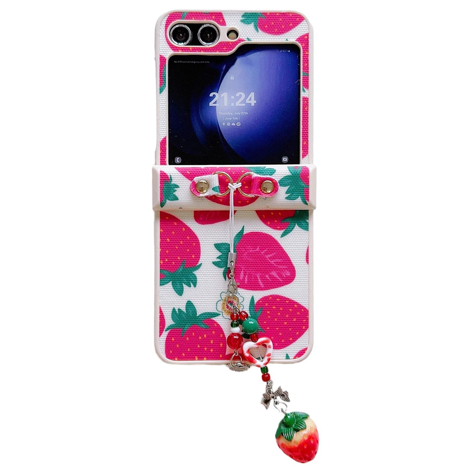 

For Samsung Galaxy Z Flip5 5G Wholesale Phone Case PC+PU Leather Phone Shell with Strawberry Pendant Red