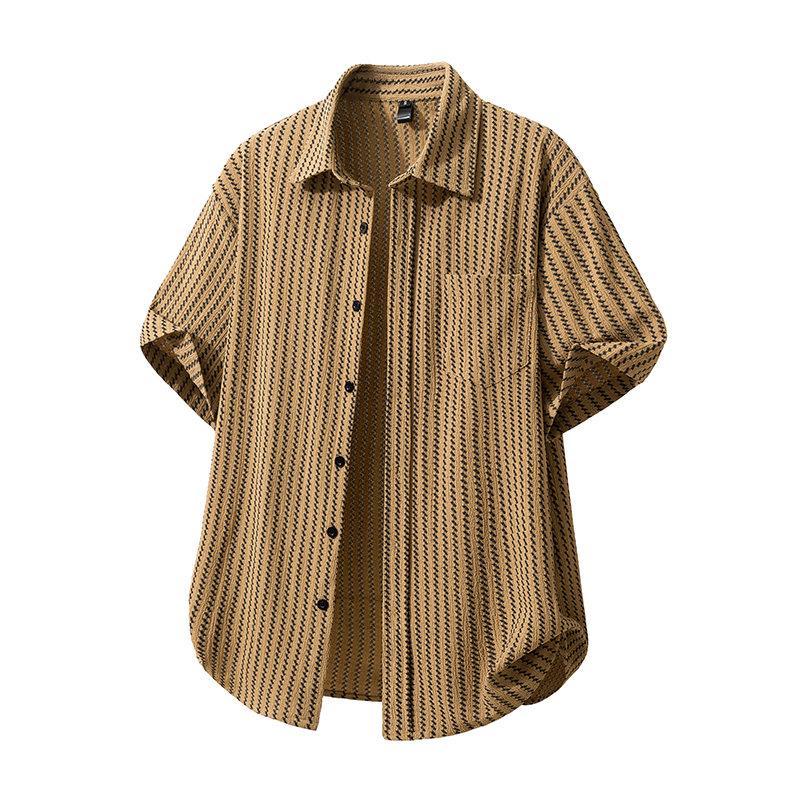 Men's Summer Casual Knitted Shirt Short Sleeve Striped Hawaiian Beach Top Fashionable Blouse