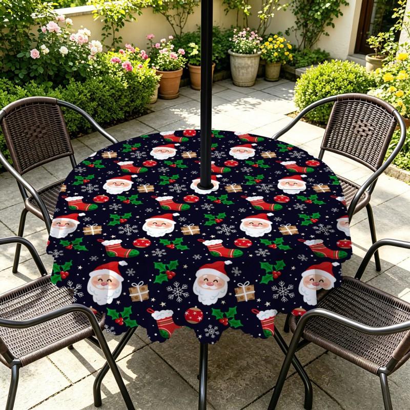 Outdoor Christmas Tablecloth Round Waterproof Oil-Resistant Patio Table Cover Garden Deck Umbrella Hole
