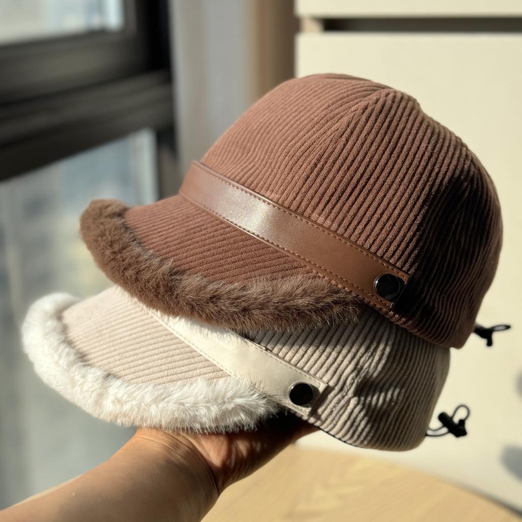 Korean-style Corduroy Duckbill Cap for Women, Thickened for Warmth In Winter, Wide Brim, Windproof for Cycling, Versatile and Adjustable, Trendy Hat